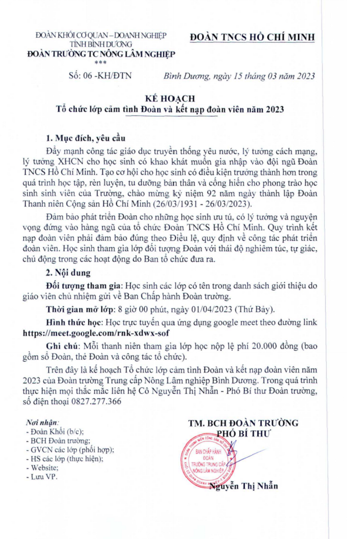 Kế hoạch tổ chức lớp cảm tình đoàn năm 2023 (ngày 01/4/2023)
